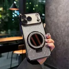 iPhone17ProMax黒MagSafeマグリングスタンド付ミラー付キラキラ