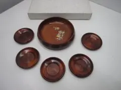 P249★木製 菓子鉢＆茶托5客セット 盛鉢 漆器★未使用品
