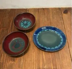 美品　焼物　陶芸　ボウル　プレート　深みのあるレッド　鮮やかなブルー