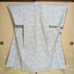 着物　単衣　浴衣　淡い青系の花柄　ブルー　グレー　居敷当て無し