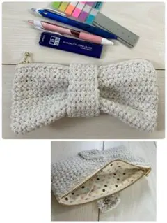 リボンペンケース ホワイト プリンセスモール　編み物 かぎ針編み