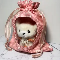 ぬい巾着 窓付き 巾着 ぬいポーチ 赤 チェック 花