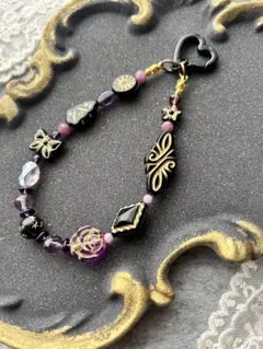 ハンドメイド携帯ストラップ 黒紫金