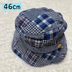 【46cm】青チェック柄のベビー帽子 首ガード付き