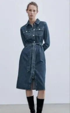 極美品✨ZARA ザラ　デニムワンピース　ロング　ベルト付き　インディゴ