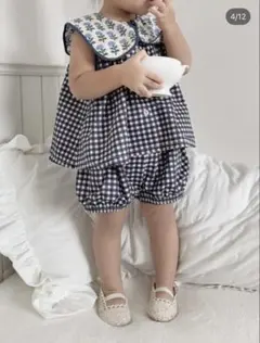 〈新品〉チェック柄襟付きトップスとパンツセット　セットアップ　80 バースデイ