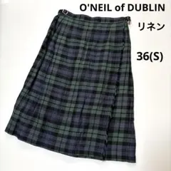 【オニール オブ ダブリン】リネン　ラップスカート チェック　グリーン　膝丈　S
