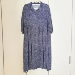 Samansa Mos2 ベリー&花柄　ネイビー　ロングワンピース　七分袖開き襟