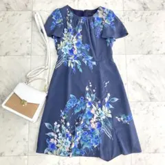 美品 スーナウーナ フローラル ワンピース 膝丈 ネイビー 38
