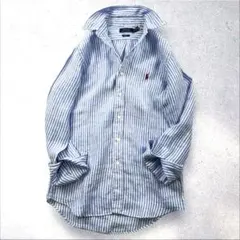 美品✨ラルフローレン リネンBDシャツ ストライプ ポニー刺繍 ブルー×ホワイト