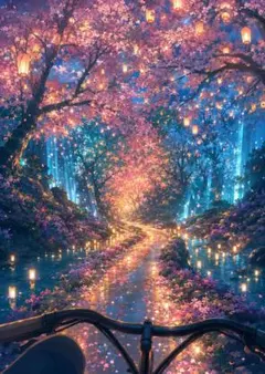 【水彩画風】 宵桜に灯る夢路幻想夜桜と光の小径 水彩画風デジタルアート