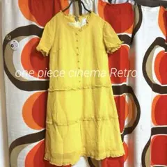 Vintage 70s 水玉ワンピース 黄 M フレア レトロひざ丈-ロングの間