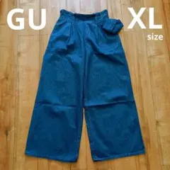 ⭐️GU⭐️リボンベルト付きデニム ワイドパンツ XL濃いブルー