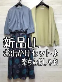 新品☆LLトッパーカーデ＆きれいめカットソー＆花柄スカート〇B547