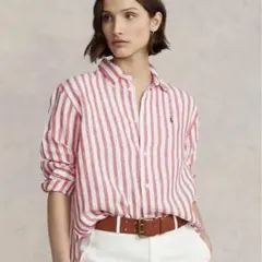 【完売品】ポロラルフローレン ストライプ リネンシャツ 刺繍ロゴ リネン100%