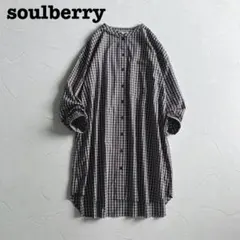 《美品》ソウルベリー チェック チュニック シャツワンピース バンドカラー 黒のサムネイル