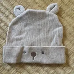 クマ耳付きグレーのベビー帽子 32~36cm新生児用