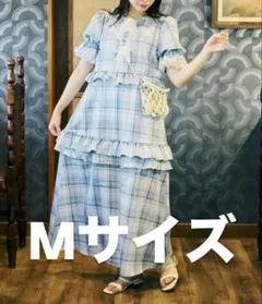 kutir クティールとレトロ レースリボンチェックフリルワンピース ブルー M