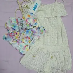 フリル付きマルチカラービキニセット 水着 3点セット