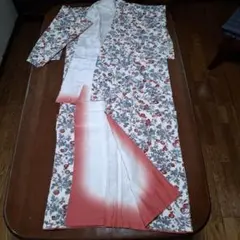 花柄 小紋 着物 赤とグレー