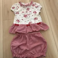 【美品】メゾピアノ　セットアップ　いちご　ギンガムチェック　女の子　半袖　80
