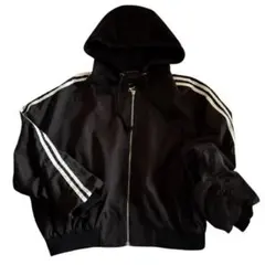 フード付きブラック/ホワイトラインジャケット　ショート丈　バルーンスリーブ