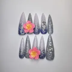 ネイルチップ ロング ラメグラデーション ハイビスカス ギャルネイル 夏ネイル