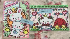 【手描きイラスト】うさぎと白猫とひよこ/うさぎと苺とひよこ(2枚セット)