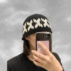 ビーニー クラッシャーハット ハンドメイド 雷紋柄 Y2K 韓国 古着のサムネイル