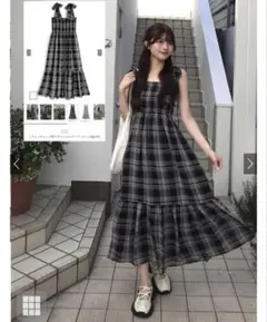 GRL シフォンチェック柄リボンショルダーワンピース [tg791]