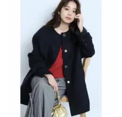 【匿名配送 美品】 ジャスグリッティー ノーカラーAラインコート ウールコート