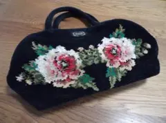 FEILER 花柄刺繍 ベルベットバッグ 中型
