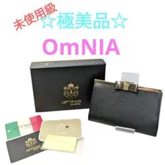 オムニアクリスタル　折り財布　ブラック　リボン　ストーン　レザー　がま口　極美品