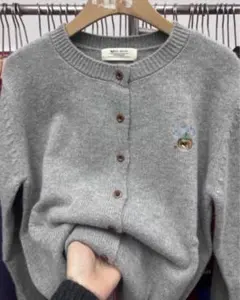 グレー ビーズ装飾 カーディガン 長袖