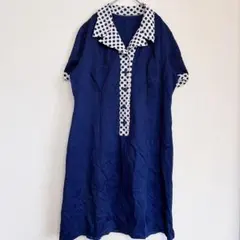 【レトロ・美品】膝丈ワンピース 紺×白ドット 半袖 開襟 昭和レトロ LL相当