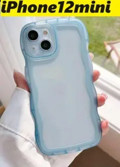 iPhone12mini ウェーブなみなみ　透明ケース　iPhoneケースブルー