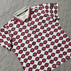 ●アンパスィ●ポロシャツ L ホワイト ピンク ゴルフ 半袖 総柄 ストレッチ