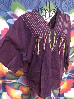 キモノスリーブ◎フリンジ 刺繍トップス（パープル）のサムネイル