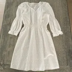 【未使用】 コットン刺繍 ロングチュニック 七分袖 S ホワイト 大人カワイイ