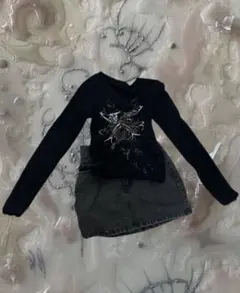 【コーデ売り‼️】y2k ダークコア グランジ 長袖ピチT デニムスカート