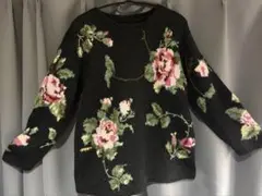 花柄刺繍 長袖ニットセーター 黒 古着