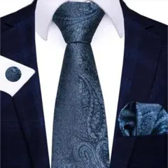 ダークブルー　ペイズリー柄 ネクタイ カフス　チーフ　セット　結婚式 イベント