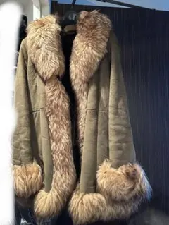 カーキ ムートンコート ファー付き