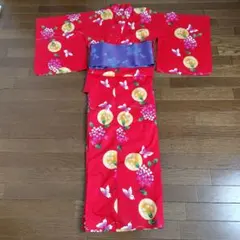 子供浴衣と帯セット　赤に蝶と花柄　１５０サイズ　綿100% リバーシブル帯
