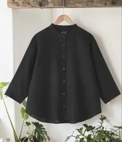 無印良品　リネン洗いざらし七分袖ブラウス 黒.XL