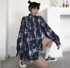 襟付き　シャツ　オーバーサイズ　総柄　大理石　スプラッシュ　ストリート　韓国