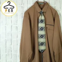 【一点物】ネクタイシャツ マット素材 ボタンダウンシャツ ブラウン M【レトロ】