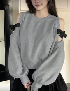 SHEIN オフショルダーリボン付きグレー スウェット