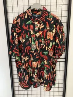 90s タバスコ柄 レーヨンシャツ 総柄 L 黒のサムネイル