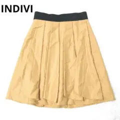 インディヴィ　フレアスカート　膝丈　ウエストゴム　日本製　タック　マスタード M